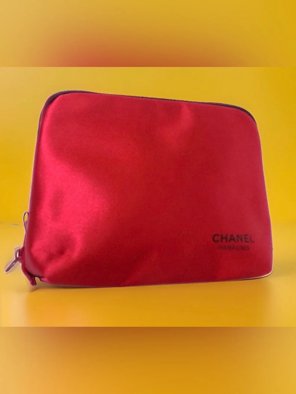 CHANEL Red Satin Cosmetic Pouch with Logo NWOT
